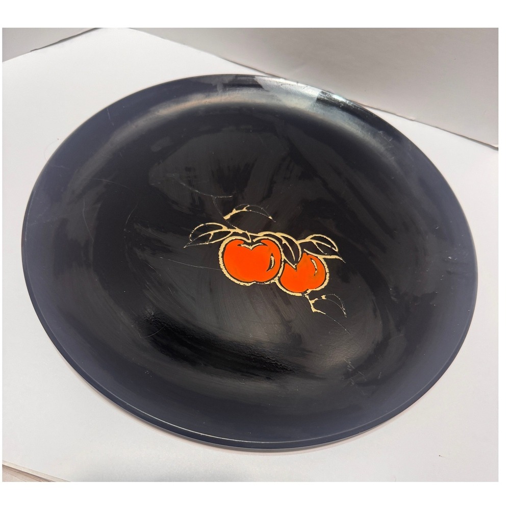 Vintage Otagiri Japan Lacquerware Serving Platter Black apple Fruit 12 Inch